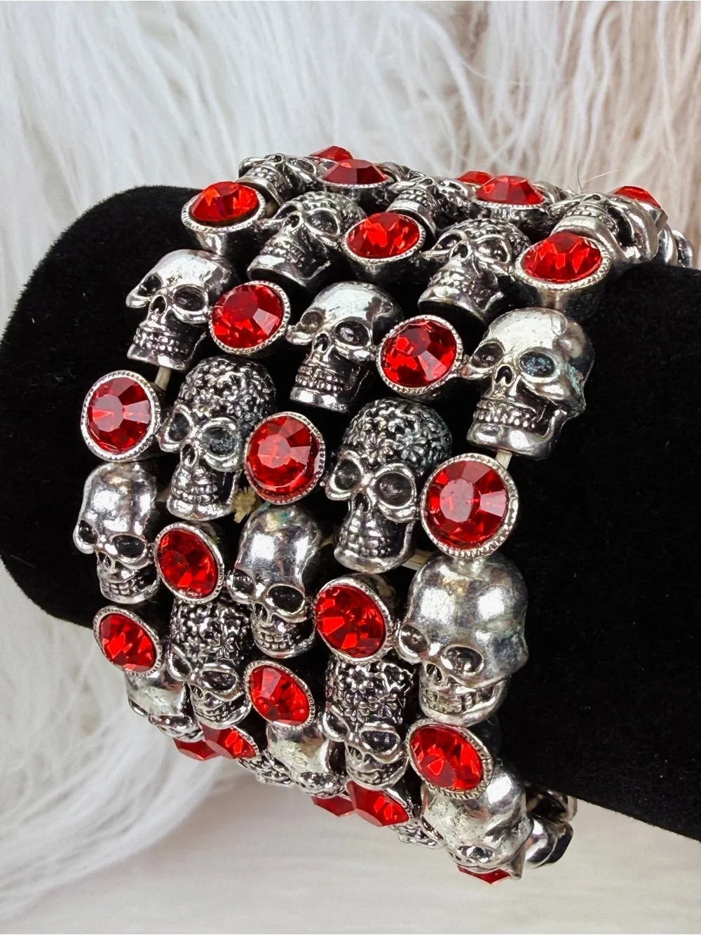 Heavy Silver Tone Skull Red Accent Wide Stretch Bracelet Gothic Punk